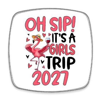 Flamant rose avec verre à vin Slogan 2027 - Magnet carré - blanc - Devant