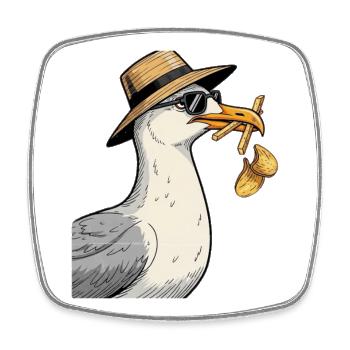 Cartoon seagull with summer hat - Square fridge magnet - white - Front