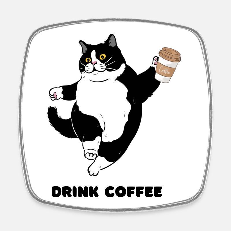 Whimsical Cat Coffee Dance Design - Square fridge magnet - white