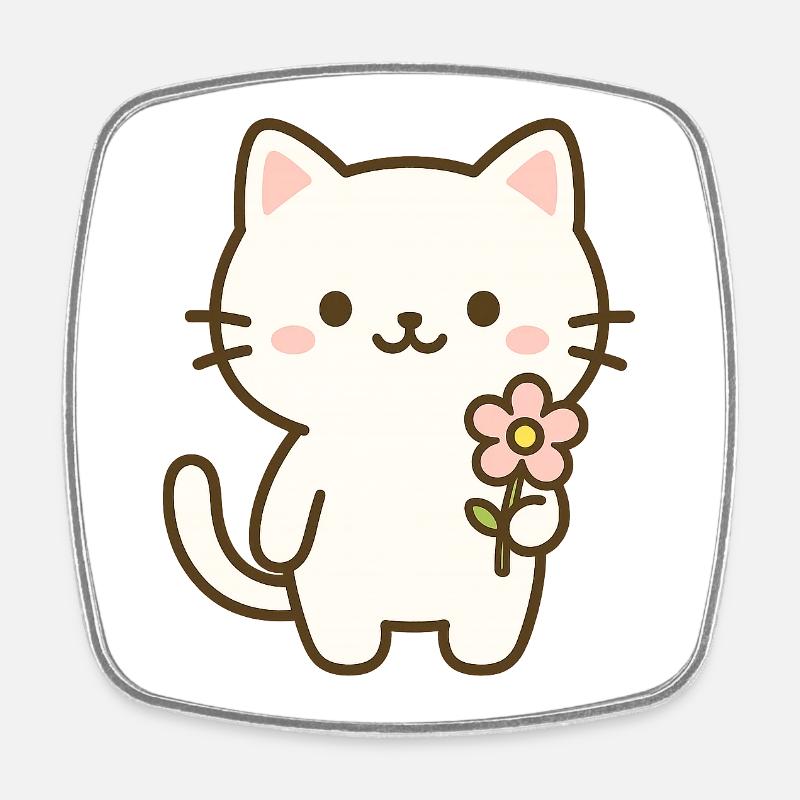Cute Cat with Flower  - Square fridge magnet - white