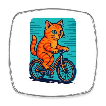 Illustration d'un chat orange ludique faisant du vélo - Magnet carré - blanc - Devant