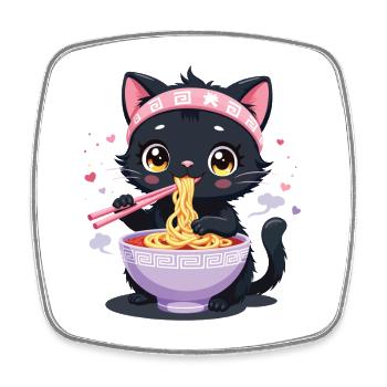 Schwarze Katze, die japanische Ramen genießt - Viereckiger Kühlschrankmagnet - Weiß - Vorne