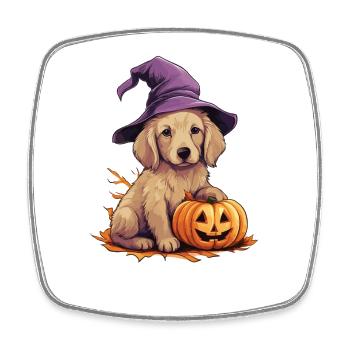 Halloween Sorcière Chapeau Citrouille Chien Doré Retriver - Magnet carré - blanc - Devant