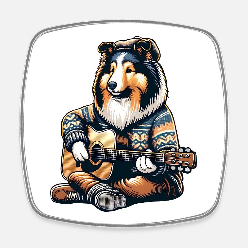 Collie avec guitare acoustique en pull tricoté - Magnet carré - blanc