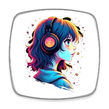 Neon Anime Portrait with Headphones - Square fridge magnet - white - Front