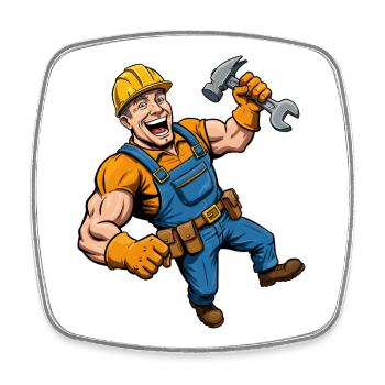 Cheerful cartoon construction worker with tools - Square fridge magnet - white - Front