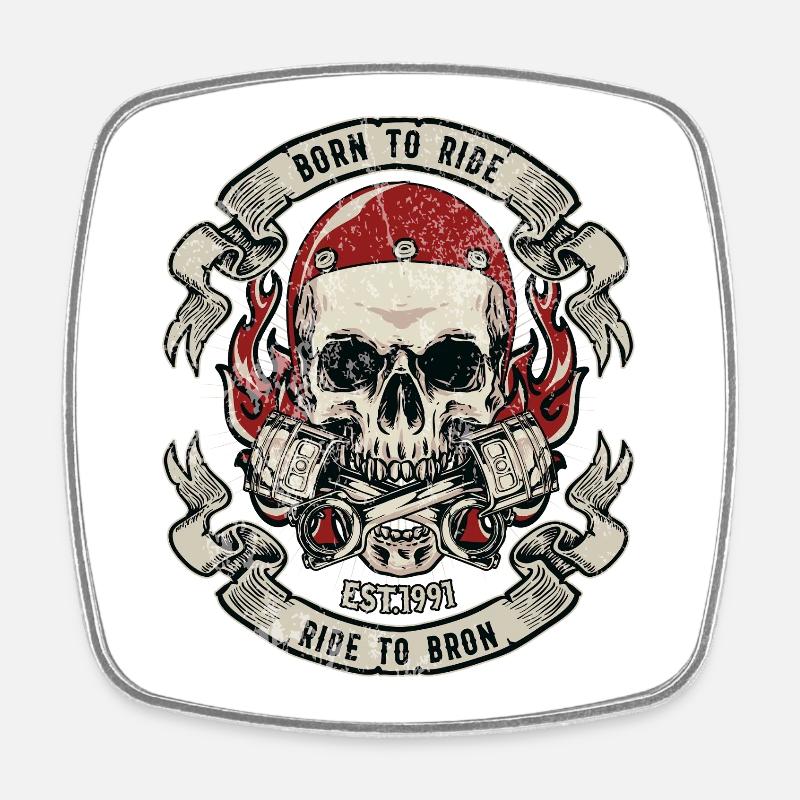 Skull Motorcycle Motifs with Flames - Square fridge magnet - white
