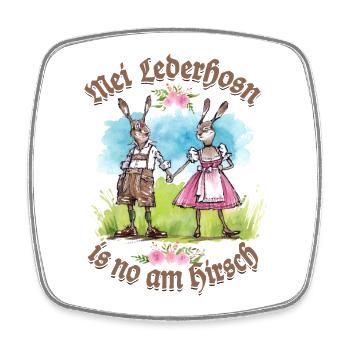 Mei Lederhosn is no am Hirsch - Tracht - Gaudí - Magnet carré - blanc - Devant