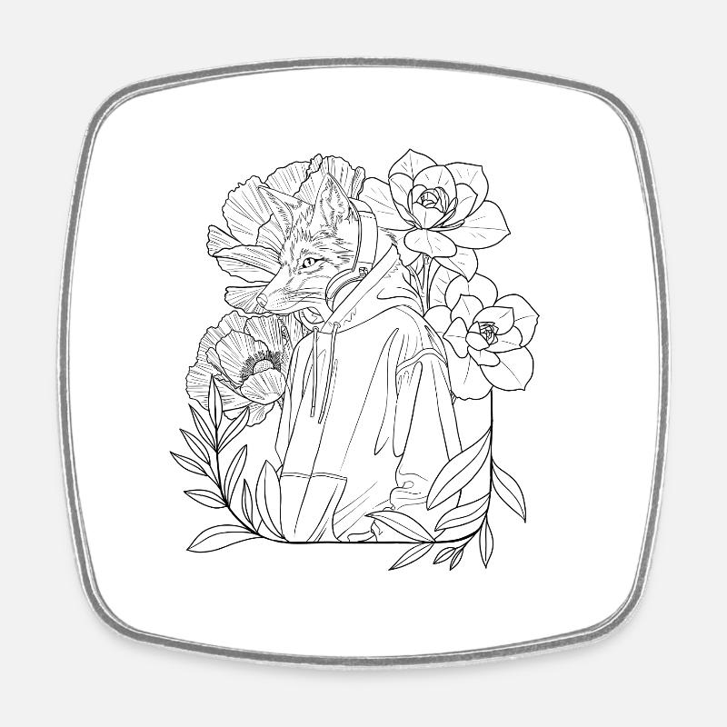 Fuchs Lineart mit Blumen - Viereckiger Kühlschrankmagnet - Weiß