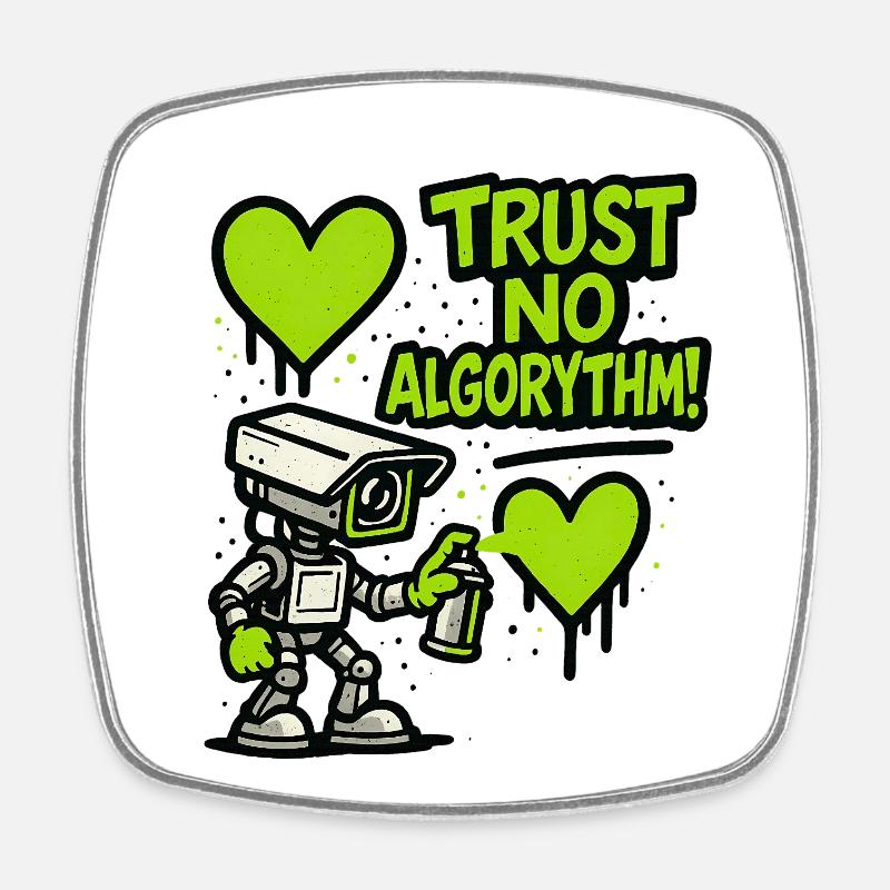 Robot mit Herz und Anti-Algorithmus Botschaft - Viereckiger Kühlschrankmagnet - Weiß