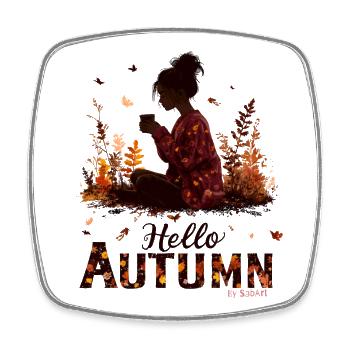Hello Autumn – Kuscheliges Mädchen mit Heißgetränk - Viereckiger Kühlschrankmagnet - Weiß - Vorne