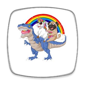 Regenbogen-Dinosaurier mit Einhorn und Mopsfahrt - Viereckiger Kühlschrankmagnet - Weiß - Vorne