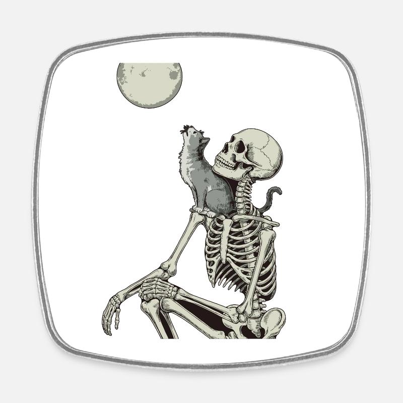 Moonlit night with skeleton and cat - Square fridge magnet - white