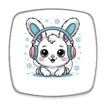 Lapin mignon avec des écouteurs et des flocons de neige - Magnet carré - blanc - Devant