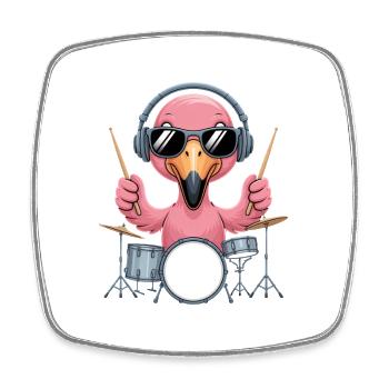 Flamingo Drummer Mit Kopfhörer Und Sonnenbrille - Viereckiger Kühlschrankmagnet - Weiß - Vorne