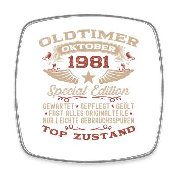 44th Birthday Gift Vintage Car October 1981 - Square fridge magnet - white - Front