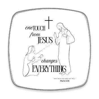 One Touch from Jesus – Black | Mark 5:34 - Square fridge magnet - white - Front
