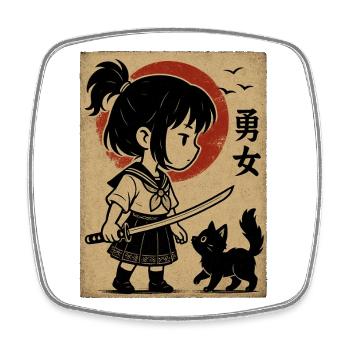 Brave girl with katana and cat - Square fridge magnet - white - Front
