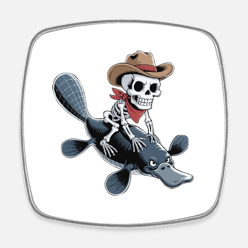 Skeleton with cowboy hat on platypus platypus - Square fridge magnet - white