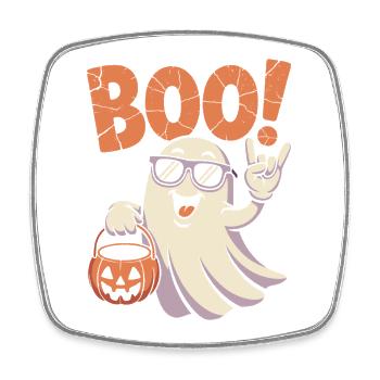 Lustiger Geist Boo Mit Kürbiskorb Und Sonnenbrille - Viereckiger Kühlschrankmagnet - Weiß - Vorne