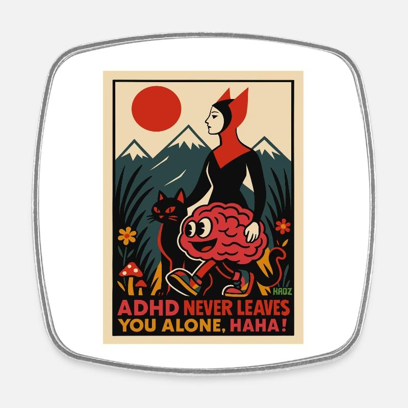 Brain Cat Adventure in Mountain Sunset - Square fridge magnet - white