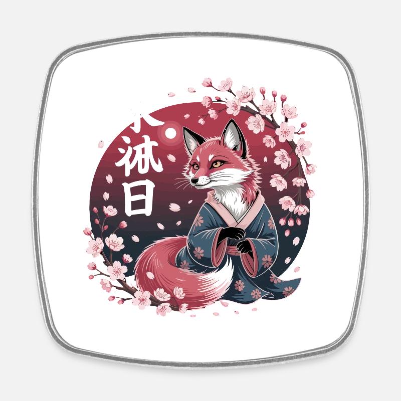 Kitsune en kimono avec fleurs de cerisier Hanami - Magnet carré - blanc