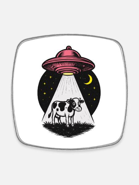 UFO Lichtstrahl auf Kuh - Viereckiger Kühlschrankmagnet - Weiß