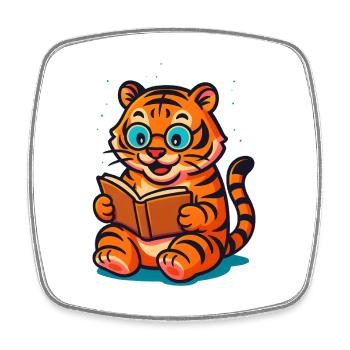 Verspielter Tiger mit Brille und Buch - Viereckiger Kühlschrankmagnet - Weiß - Vorne