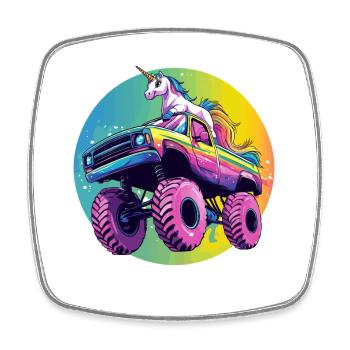 Bunter Rainbow Monster Truck mit Einhorn - Viereckiger Kühlschrankmagnet - Weiß - Vorne
