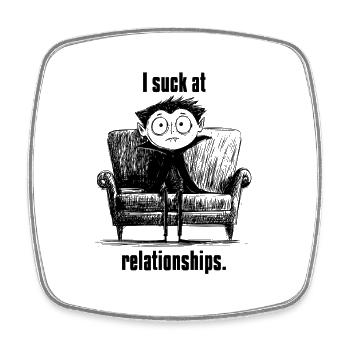 Je suis nul en relations | Jeu de mots amusant sur les vampires - Magnet carré - blanc - Devant