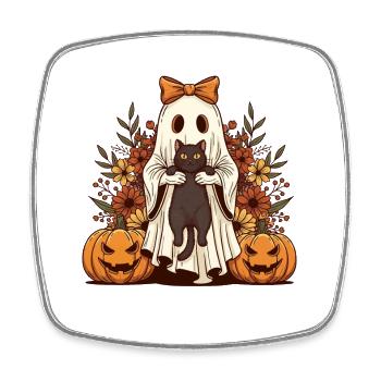 Ghost & Black Cat — Halloween-Gruselkatzenliebhaber - Viereckiger Kühlschrankmagnet - Weiß - Vorne