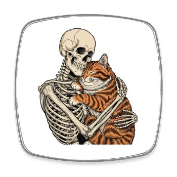 Skelett umarmende Katze — Gruselige Katze Skelett Kuscheltier - Viereckiger Kühlschrankmagnet - Weiß - Vorne