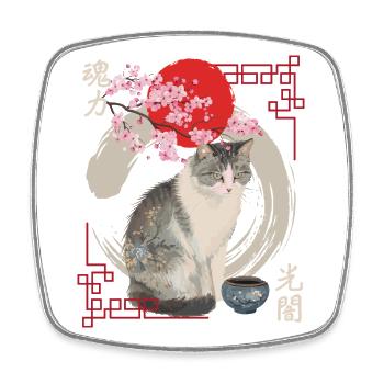 Chat japonais en fleurs de cerisier - Magnet carré - blanc - Devant