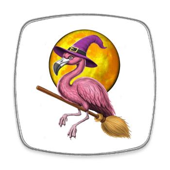 Flamingo Hexe Reitbesen - Viereckiger Kühlschrankmagnet - Weiß - Vorne