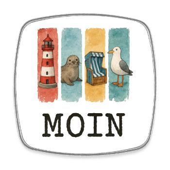 Phare de Moin, chaise de plage avec phoques, côte des mouettes - Magnet carré - blanc - Devant