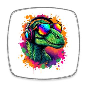 Neon Dino mit Kopfhörern Velociraptor T-Shirt Dino - Viereckiger Kühlschrankmagnet - Weiß - Vorne