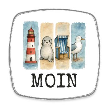 Phare de Moin, chaise de plage avec phoques, côte des mouettes - Magnet carré - blanc - Devant