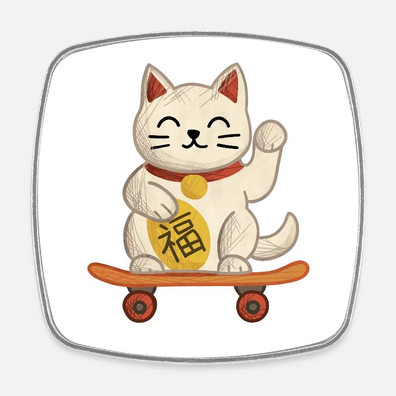 Maneki-neko Katzen-Skateboard - Viereckiger Kühlschrankmagnet - Weiß