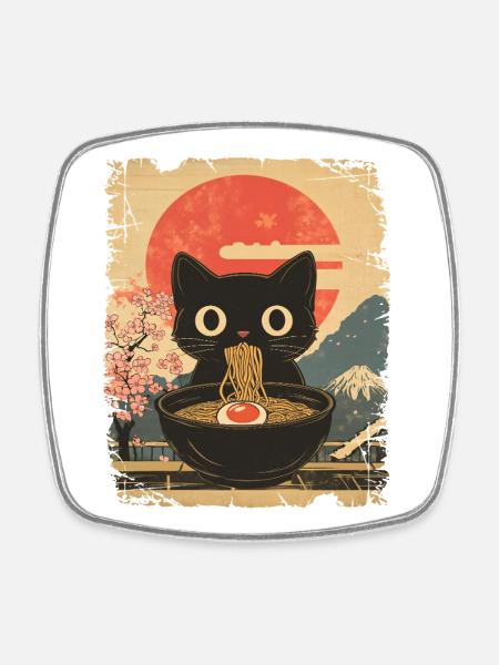 Katze isst Ramen - vintage style - Viereckiger Kühlschrankmagnet - Weiß