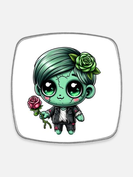 Cuddly zombie with rose - Square fridge magnet - white