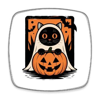 Cat Halloween Ghost Cat with Pumpkin Bat - Square fridge magnet - white - Front