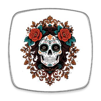 Floral Sugar Skull Verzierte Illustration - Viereckiger Kühlschrankmagnet - Weiß - Vorne