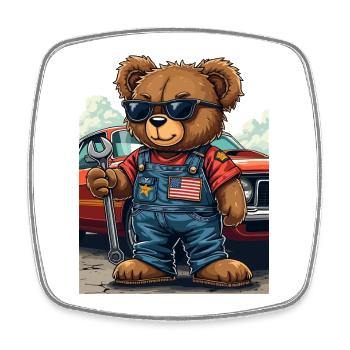 Bear mechanic in muscle car - Square fridge magnet - white - Front