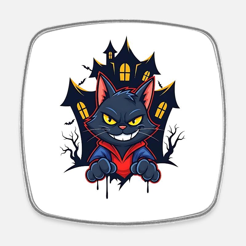 Grinning cat in front of haunted house - Square fridge magnet - white