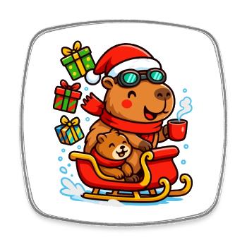 Christmas Capybara in a Sleigh – Cozy Chris - Square fridge magnet - white - Front