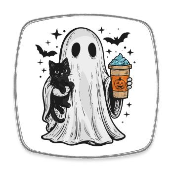 Halloween-Geist mit Katze und Kaffee - Viereckiger Kühlschrankmagnet - Weiß - Vorne
