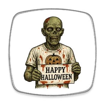 Scary zombie with Happy Halloween sign - Square fridge magnet - white - Front