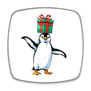 Pingouin avec cadeau sur la tête - Magnet carré - blanc - Devant
