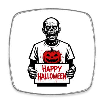 Scary zombie with Happy Halloween sign - Square fridge magnet - white - Front