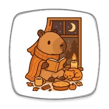 Capybara Reading Nook – Cozy Autumn Evening - Square fridge magnet - white - Front